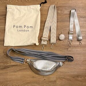 Pom Pom London Silver Crossbody Bag with Three Straps, a key chain and dust bag